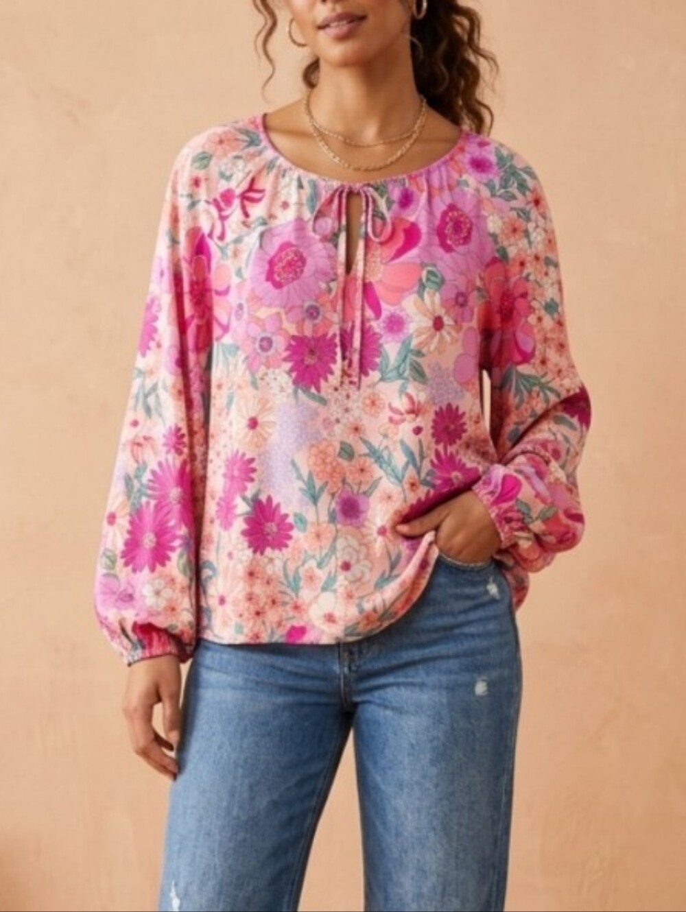 Easel Floral Pink Peasant Blouse NWT Size M Oversized